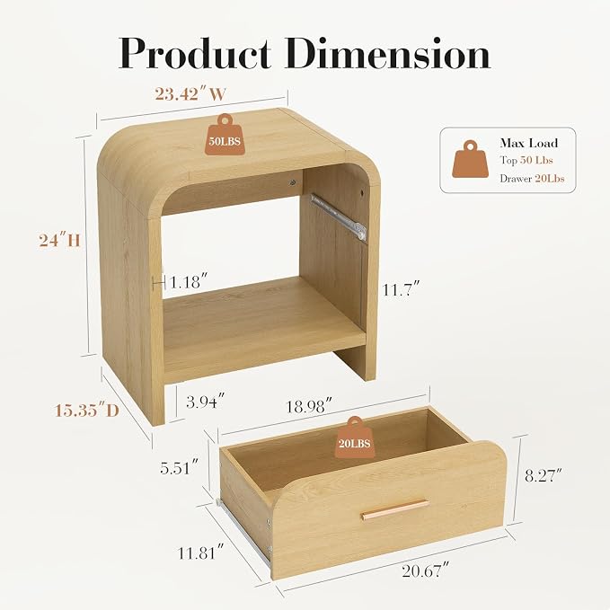 Night Stand Set of 2 1-Drawer and 1 Storage Shelf Nightstand 24" H Metal Handle - Image 5