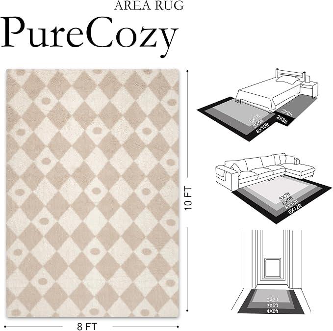 Beige 8x10 Area Rug for Living Room Soft Checkered Shag Carpet | Machine - Image 2