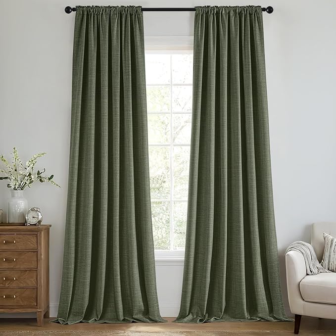 MIULEE 100% Blackout Back Tab Pleat Linen Curtains 50" Wx96 L, Olive Green | 2 by MIULEE
