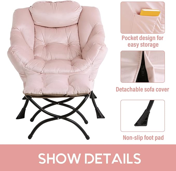 Lazy Chair with Ottoman, Comfy Accent Reading Chair, Velvet Pink | Foldable - Image 4