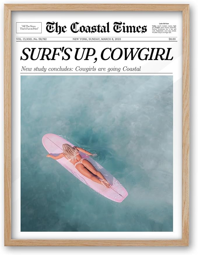 iHery 16x20in Surf’s Up Cowgirl Framed Newspaper Wall Art | Natural OAK Wood by iHery