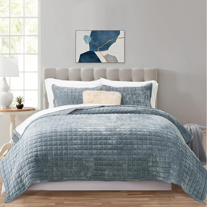 RECYCO Channel Box Stitch Velvet Quilt Set, Twin/Twin XL Size, Luxury Oversized - Image 2
