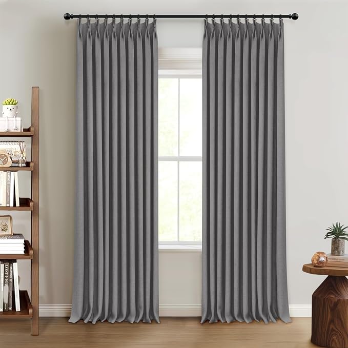 Pinch Pleated Full Blackout Faux Linen Curtains 90 Inches Long | Dark Grey - Image 7