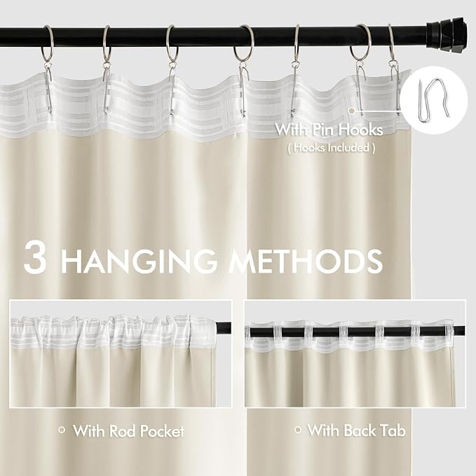 MIULEE Beige White Back Tab Blackout Curtains 52x120 Inch Long 2 Panels Set | - Image 3