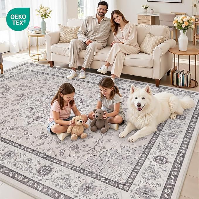 Area Rugs 9x12 Living Room: Bedroom Washable Carpet Beige & Grey | Large - Image 7