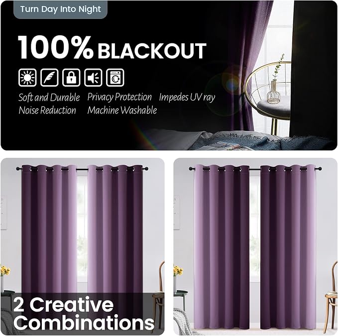 SimpleHome 100% Blackout Ombre Bedroom Curtains Purple and Greyish White 84 | - Image 3