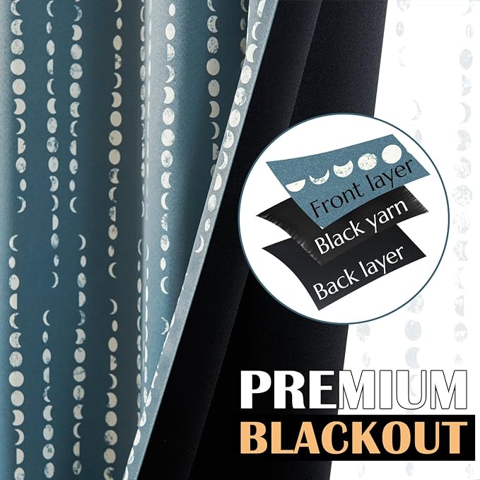 jinchan Boho Blackout Curtains 84 Inches Long Moon Phase Printed Drapes | Blue - Image 3
