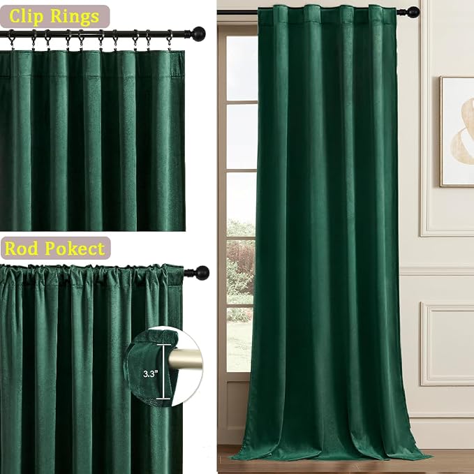 Timeper Green Velvet Curtains W42 x L96 inches 2 Panels, Back Tab & Rod Pocket - Image 2
