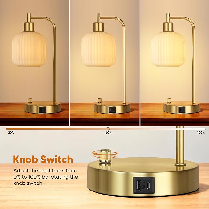 Cream Glass Table Lamps Set of 2, Dimmable Bedside Lamps - Image 2