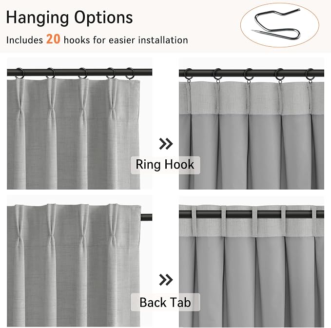 Pinch Pleated Full Blackout Faux Linen Curtains 108 Inches Long | Grey - Image 3