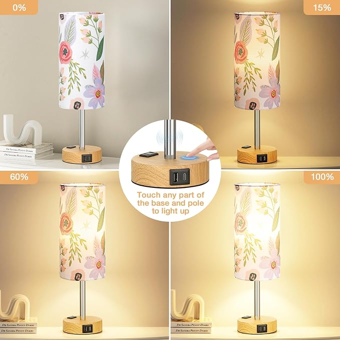 Floral Touch Lamp for Bedroom- 3 Way Dimmable Bedside Lamp USB C A Charging - Image 2
