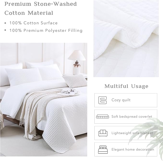 CozyTide Oversized King Quilt 120"x120", Stone-Washed Bright White Cotton - Image 4