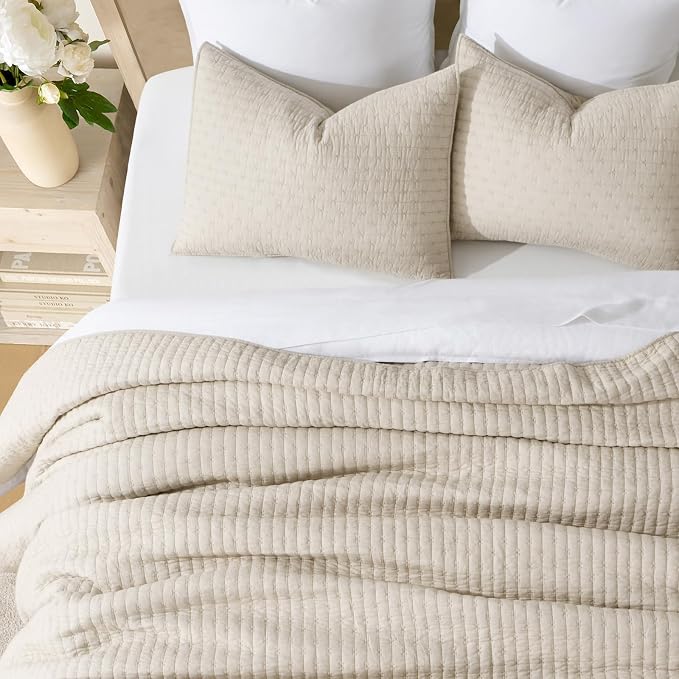 100% Cotton Cross Stitch 3-Piece Quilt Set, Flax Beige | Cross Stitch Cotton - Image 4