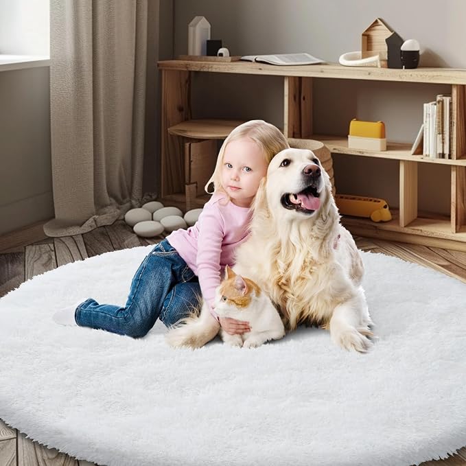 White Round Shag Area Rug for Bedroom, Washable Fuzzy Carpet for Room Boys - Image 3