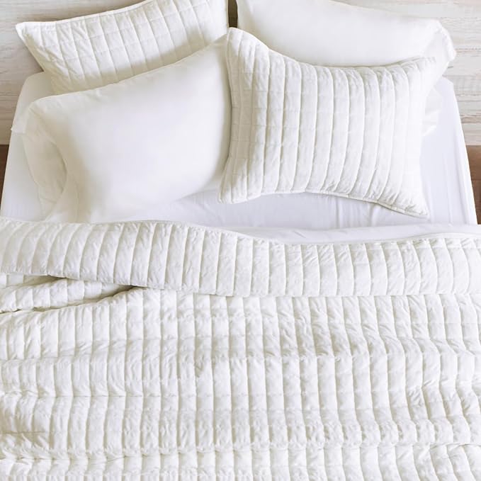 RECYCO Channel Box Stitch Velvet Quilt Set, Full Queen Size, Bright White | - Image 5
