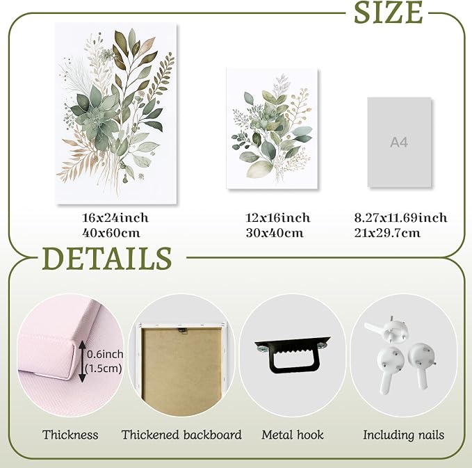LLEEMPI Framed Sage Green Botanical Wall Art Set of 3, 16x24 Inch Prints | - Image 7