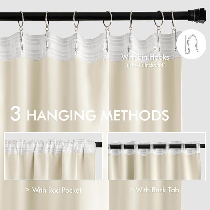 MIULEE Birch Back Tab Blackout Curtains 52x72 Inches Long 2 Panels Set | Rod - Image 3
