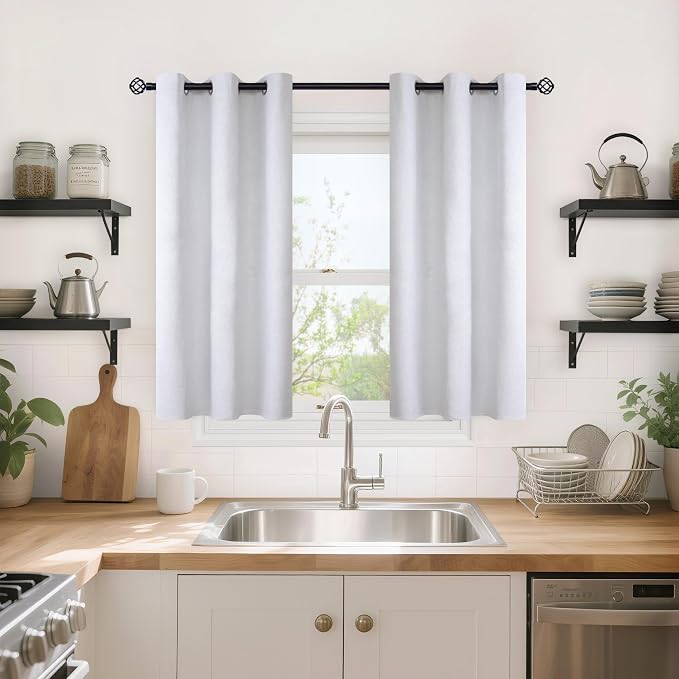 YoungsTex White Linen Blackout Kitchen Curtains 40 Inch Length, Short Thermal - Image 2
