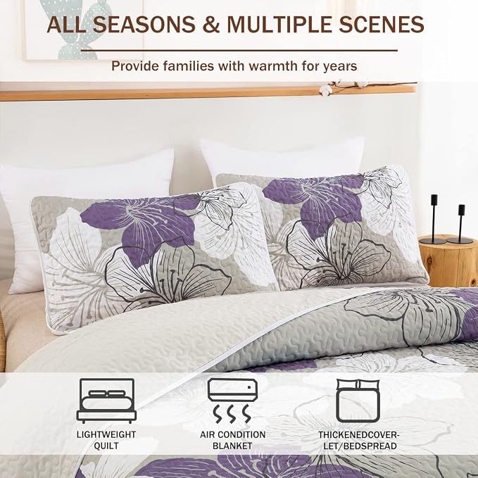 DJY 3 Pieces Quilt Set California King Purple Floral Pattern Quilt Coverlet Set - Image 3
