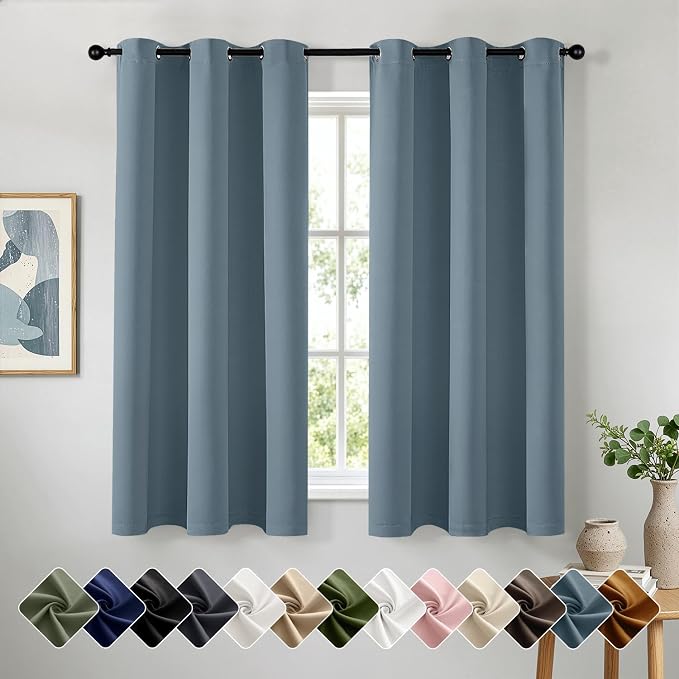 Short Stone Blue Blackout Kitchen Curtain W40 x L54 Inch 2 Panels | Thermal by Woaboy