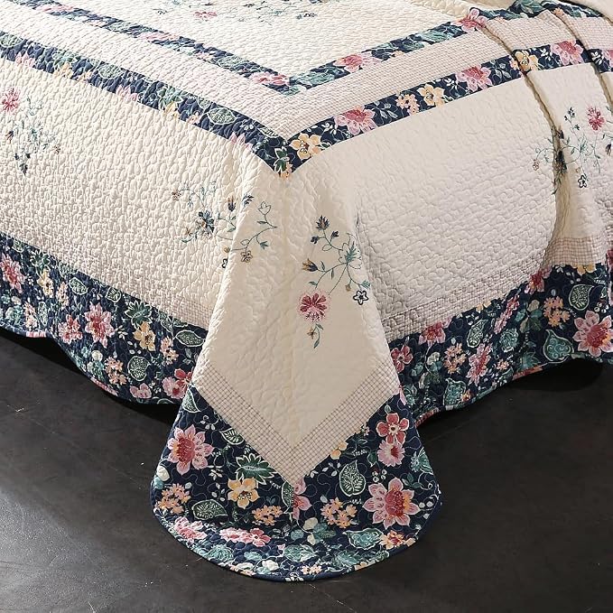 ROOMLIFE Quilt Set Queen Floral Leaves 3D Embroidery Pattern 3-Piece Cotton | - Image 3
