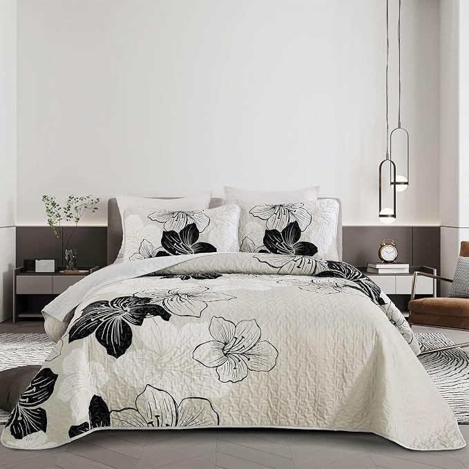 DJY Black White Quilt Queen Size, Boho Floral Bedding Bedspread Set 3 Pcs | by HOME