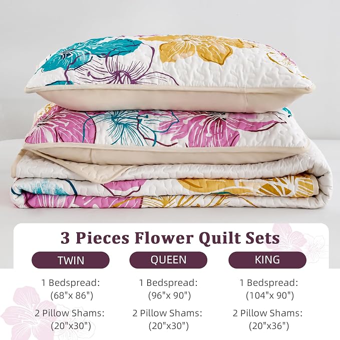 DJY Romantic Pink Teal Quilt Set King Size, 3 Pieces Colourful Floral Bedspread - Image 7