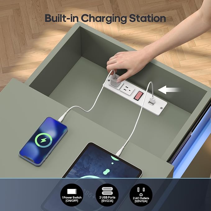 ADORNEVE Green Nightstand with Charging Station and LED Lights | Night Stand - Image 3