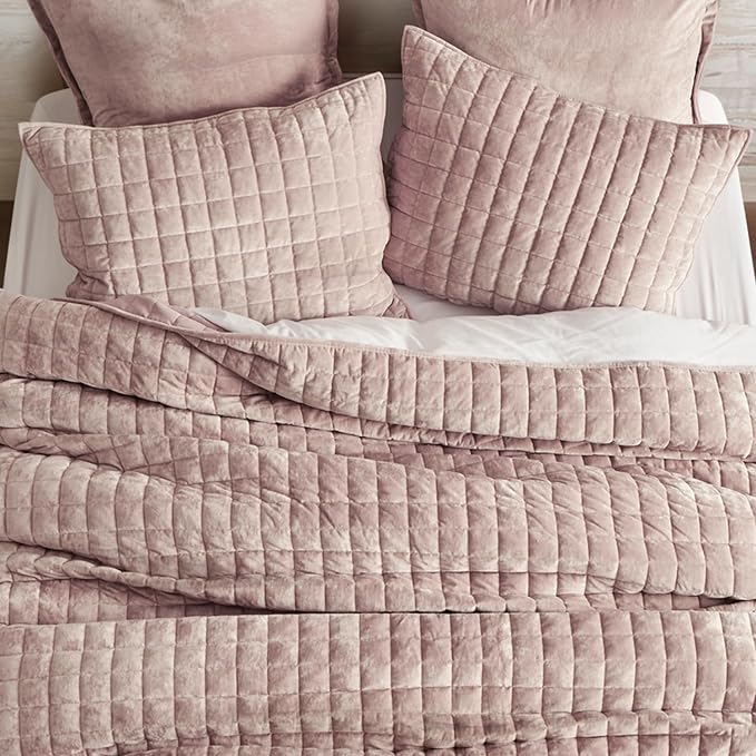RECYCO Channel Box Stitch Velvet Quilt Set, King Size, Rose Pink | Ultra Soft - Image 3