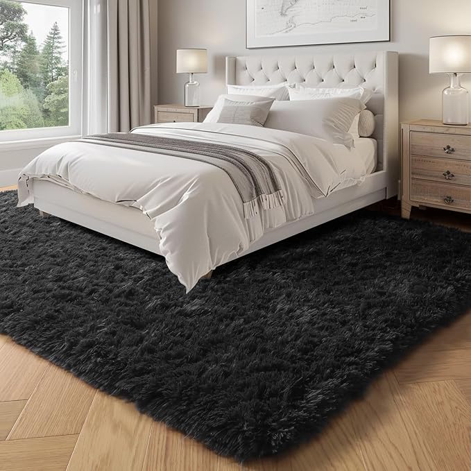 Black Fluffy Shag Area Rugs for Bedroom 5x7, Soft Fuzzy Shaggy Machine Washable - Image 3
