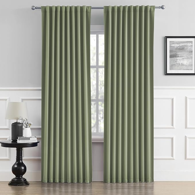 Light Sage Green Curtains 90 Inches Long Back Tab/Rod Pocket Room Darkening by DUALIFE