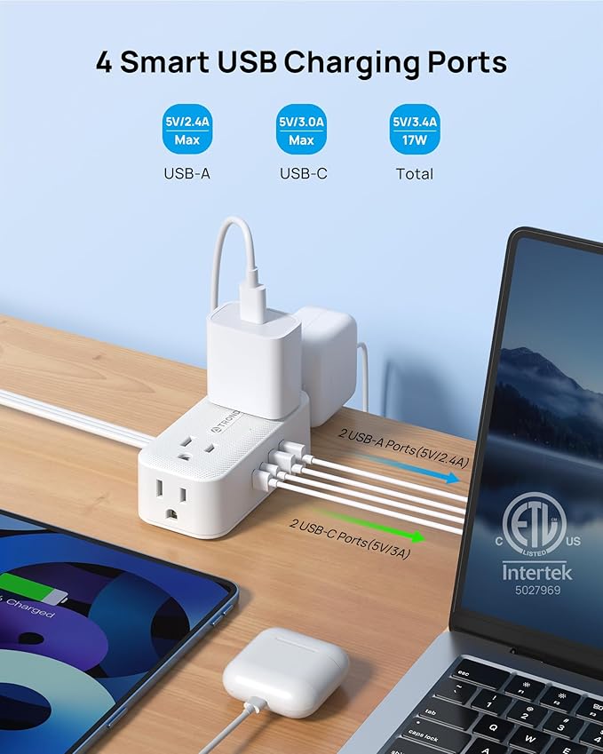 TROND 360° Rotating Flat Plug Power Strip 3ft, 4 Widely AC Outlets, Wall Mount - Image 4