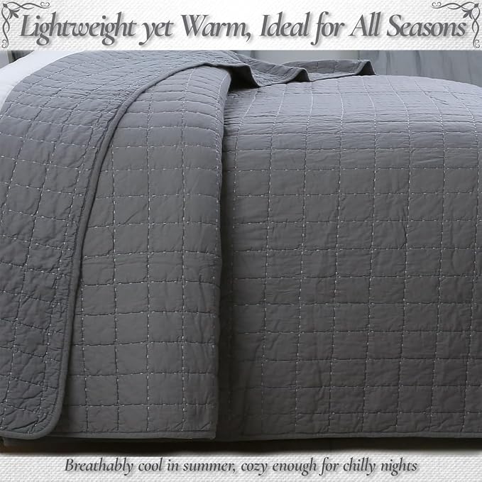 Cozy Line Home Fashions 100% Cotton Quilt Set – 3-Piece Charcoal Gray Solid - Image 3