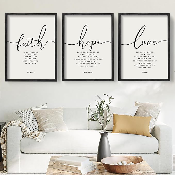 Houmury 3PCS Framed Faith Hope Love Bible Verses Wall Art Farmhouse Religious by Houmury