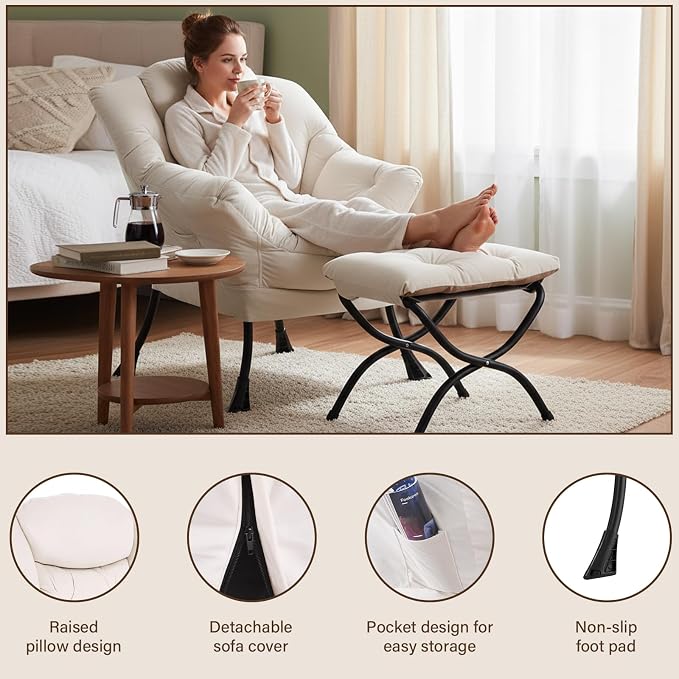 Welnow Lazy Chair with Ottoman, Reading Chair with Footrest, Foldable Footrest - Image 4