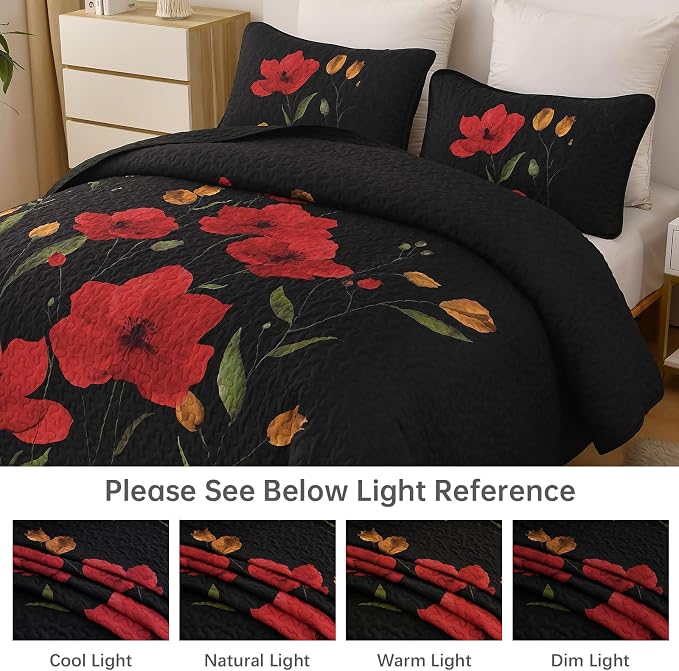 Mybedsoul Floral Quilt Set Queen Size, 3 Pieces Black Bedspread Coverlet Set - Image 7
