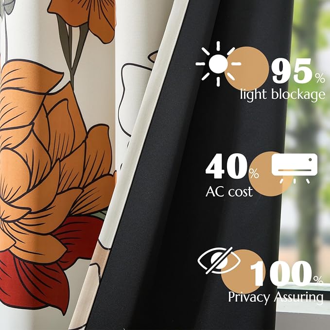jinchan Beige Boho Floral Blackout Curtains 108 Inch Grommet 2 Panels | Room - Image 3