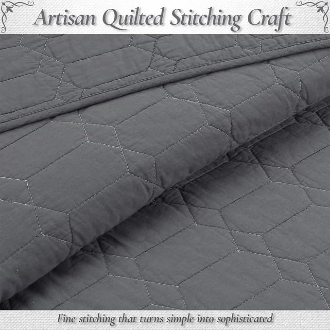 Cozy Line Home Fashions 100% Cotton Quilt Set – 3-Piece Charcoal Gray Solid - Image 5