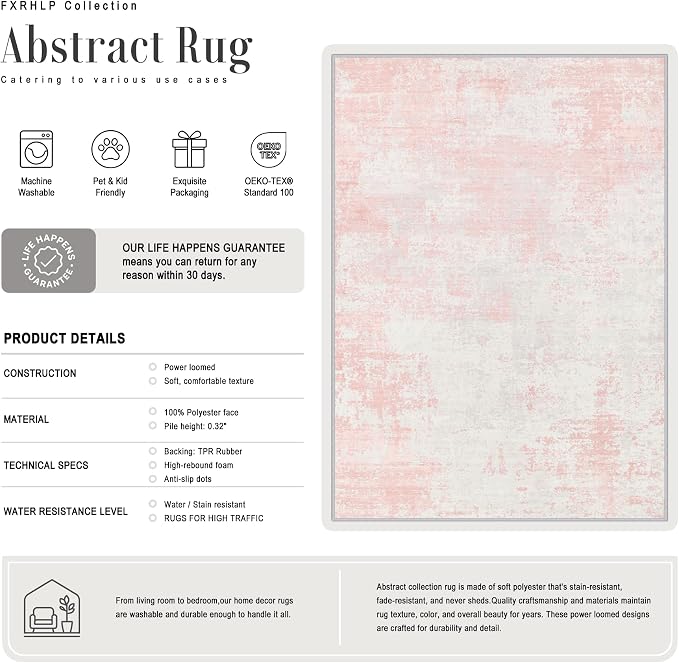 Area Rug Living Room: 5x5 Modern Washable Soft Carpet Pink White | - Image 3