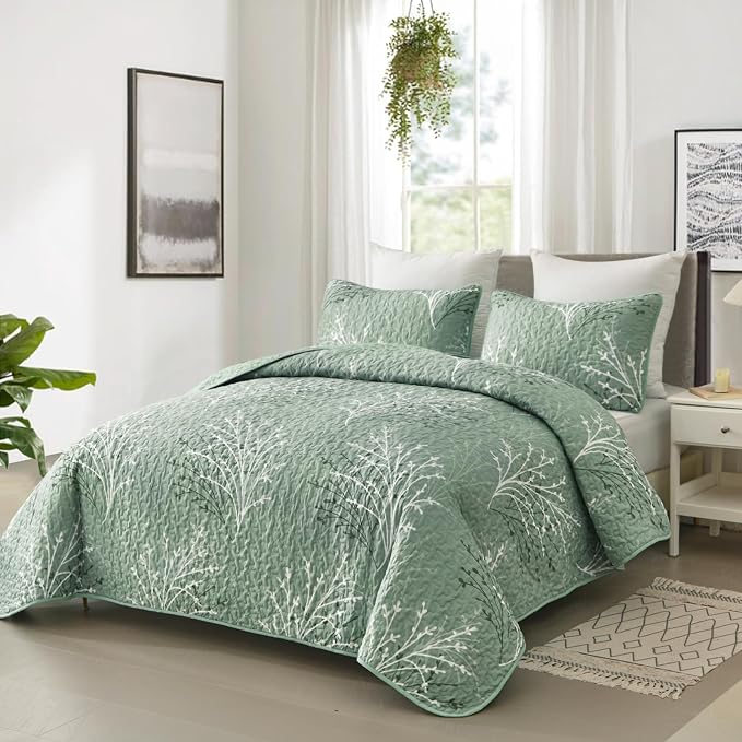DJY Sage Green Quilt Set California King Size, Branch Botanical Coverlet | Soft - Image 2