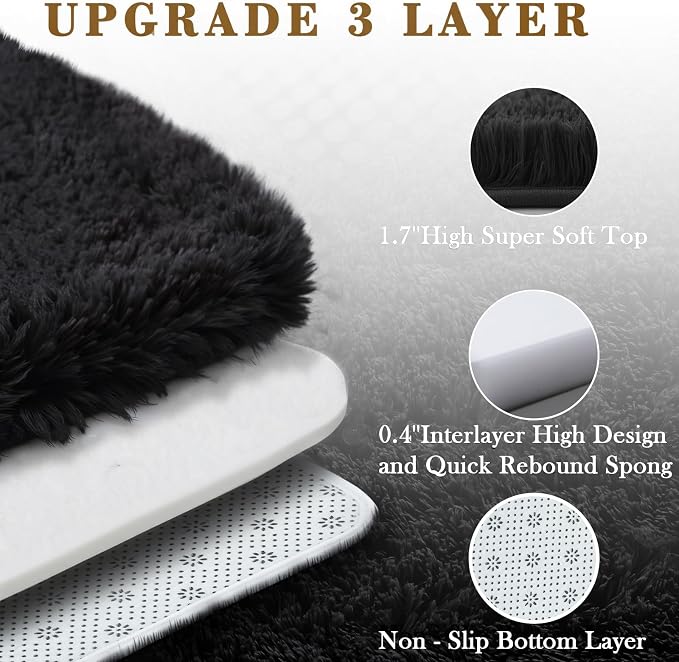 Small Shag Area Rug for Bedroom, 2x3 Black Soft Plush Carpet | Non-Slip Floor - Image 4