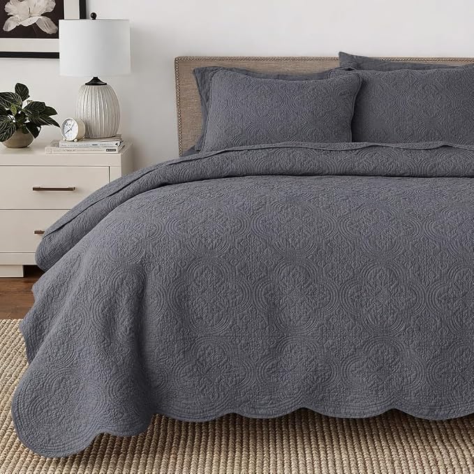 Cozy Line Home Fashions Charcoal Gray Cotton Quilt Set – 3-Piece Solid Textured by CozyLineHomeFashions