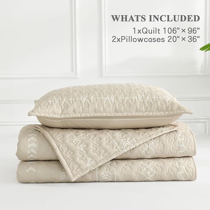 Beige King Size Quilt Set, 3 Pieces Boho Striped Bedspread | Soft Lightweight - Image 8