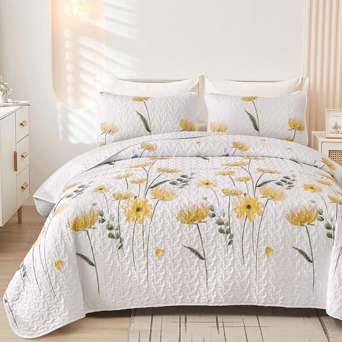 Dinjoy Floral Quilt Set California King, 3 Pieces Yellow Flower Bedspread | - Image 6