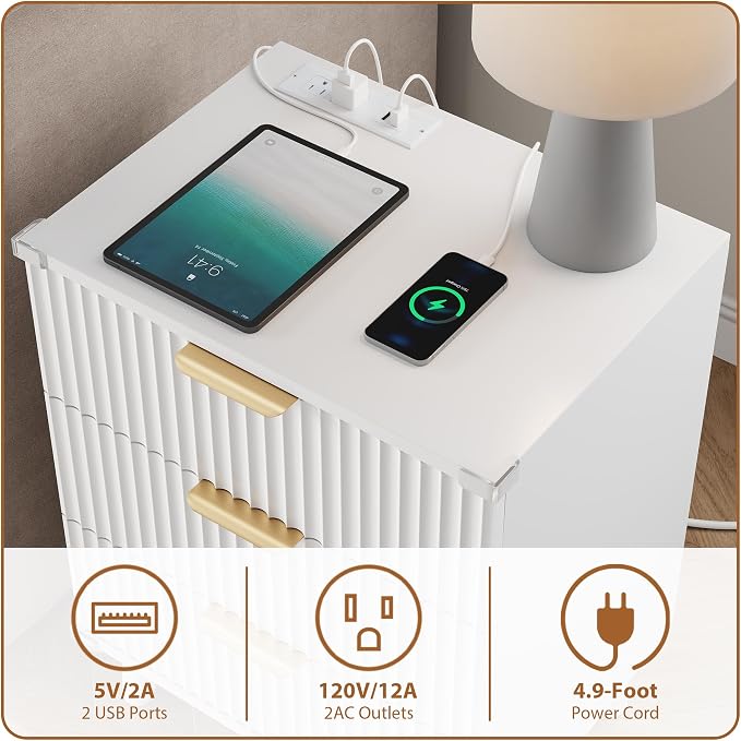 Wood Nightstands Set of 2 w/Charging Station, 3 Drawers Fluted Dresser | White - Image 6