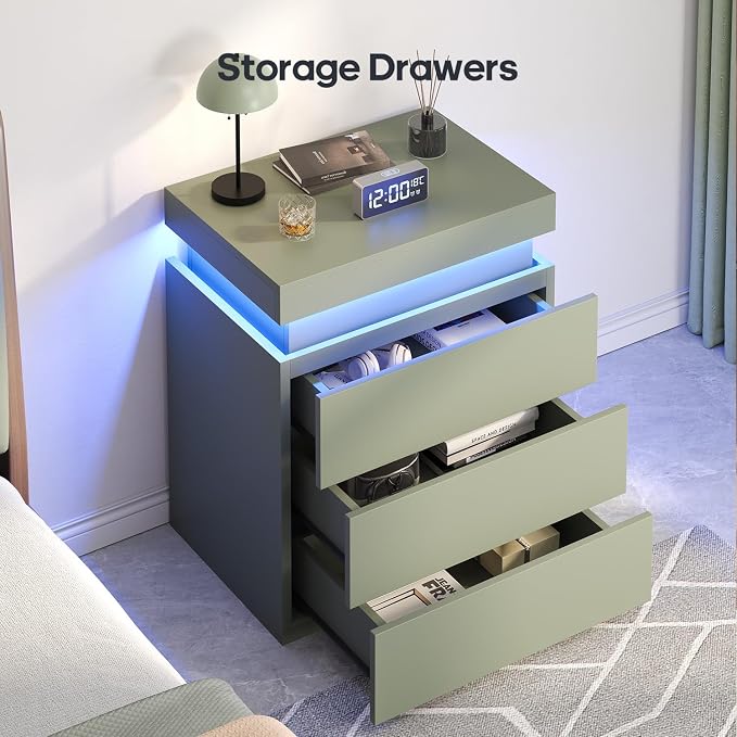 ADORNEVE Green Nightstand with Charging Station and LED Lights | Night Stand - Image 6