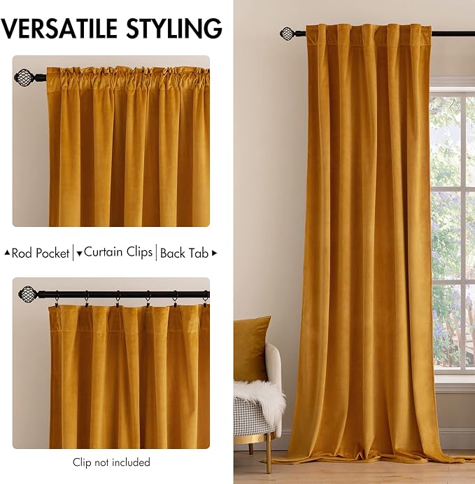 MIULEE Velvet Blackout Curtains 52x84 inches 2 Panels Mustard Yellow | Luxury - Image 2