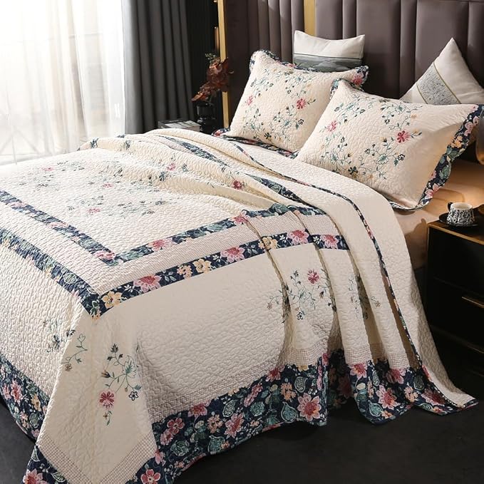 ROOMLIFE Quilt Set Queen Floral Leaves 3D Embroidery Pattern 3-Piece Cotton | by ROOMLIFE