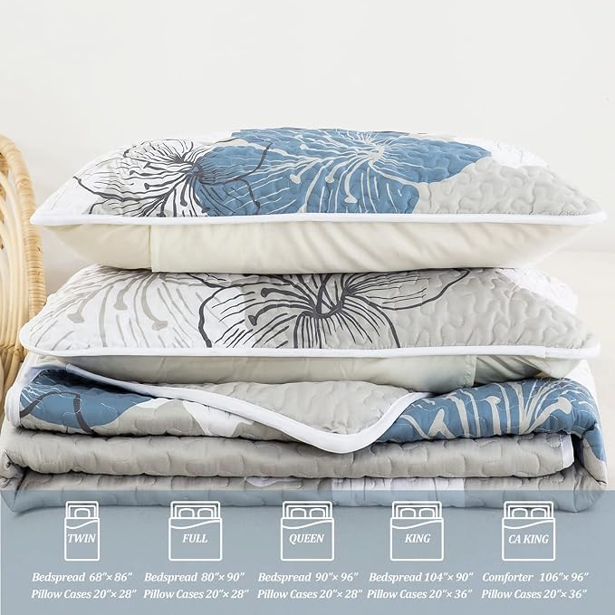 DJY 3 Pieces Quilt Set Full Size Blue Floral Pattern Quilt Coverlet Set Elegant - Image 6