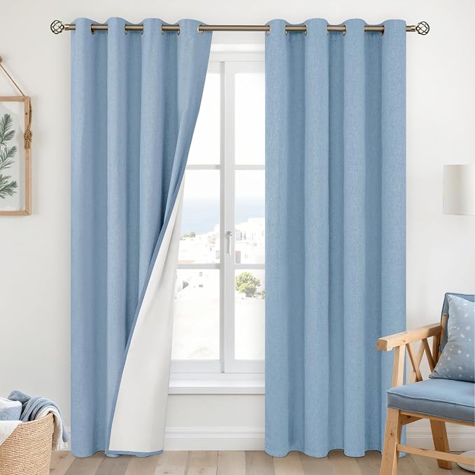 YoungsTex Light Blue Linen 100% Blackout Curtains 80 Inches Long, Thermal by YoungsTex